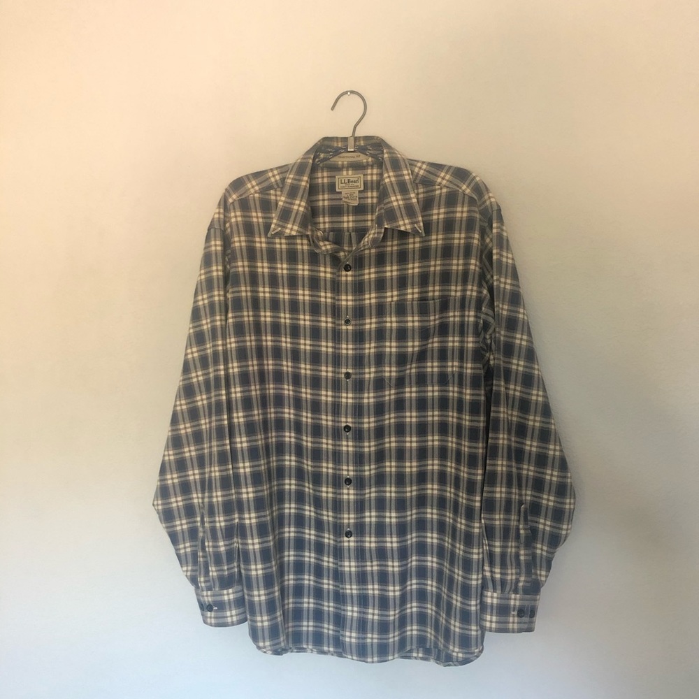 LL Bean cotton flannel shirt in blue gray white